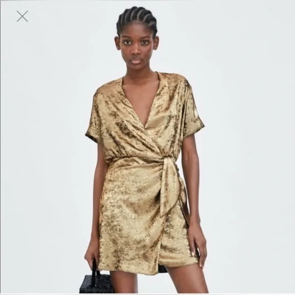 Zara TRF Collection Gold Metallic Wrap Dress Womens Size XS Short Sleeve - Picture 2 of 12